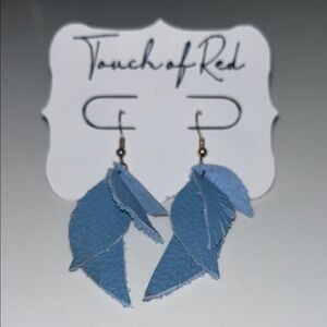 Blue Leather Feather Earrings
